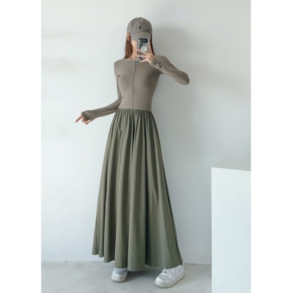 Autumn And Winter New College Style Retro Solid Side Pocket Long Sleeve Up And Down Stitch Dress 