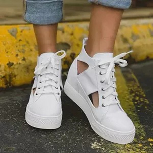 Women Canvas Cut Out Wearable Hidden Increase Casual Flat Shoes 