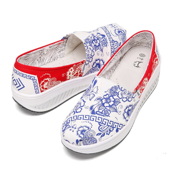 Women Casual Flowers Printed Pattern Comfortable Rocker Sole Walking Shoes 