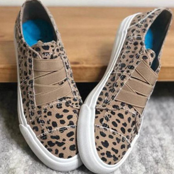 Woemn Leopard Printing Elastic Band Casual Canvas Flat Shoes 