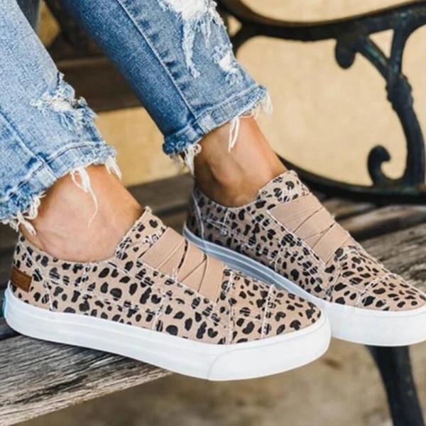 Woemn Leopard Printing Elastic Band Casual Canvas Flat Shoes 