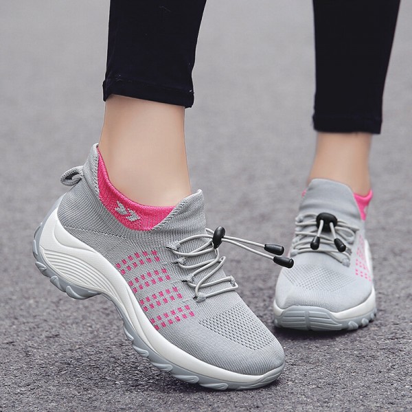 Women Casual Knitted Mesh Lace-up Antiskid Running Shoes 