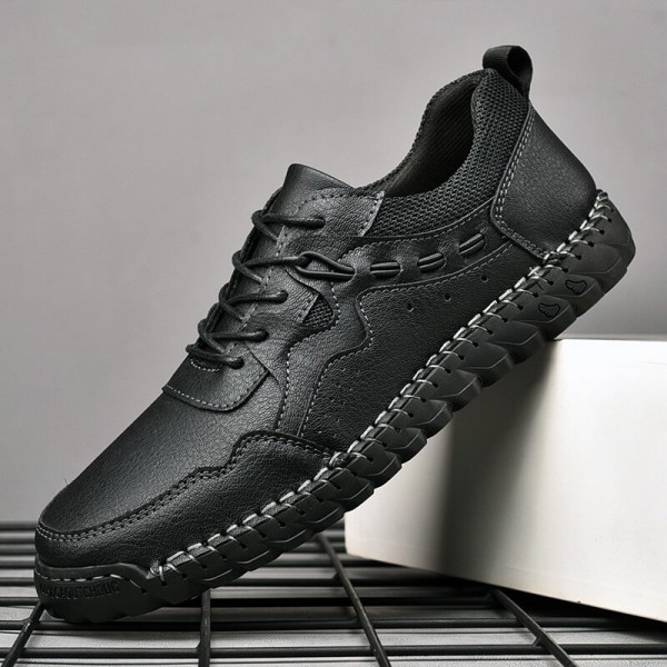 Men Microfiber Leather Breathable Hand Stitching Soft Sole Comfy Pure Color Casual Shoes 