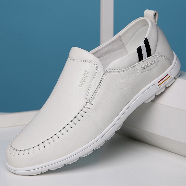 Men Cowhide Hollow Out Breathable Soft Bottom Slip On Casual Leather Shoes 