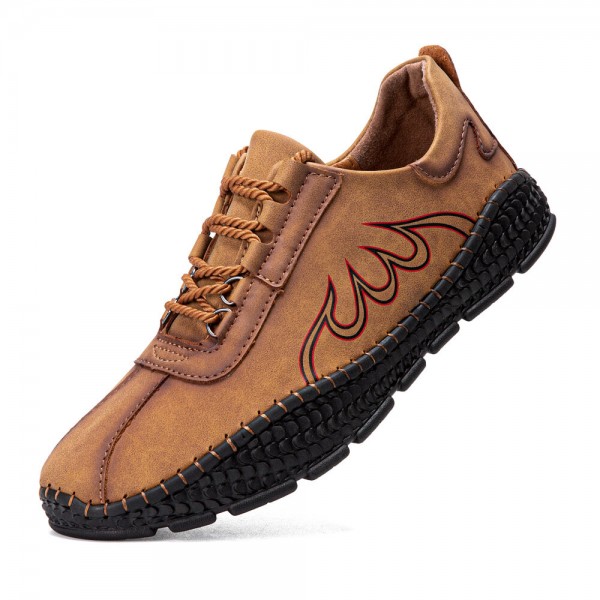 Men Microfiber Breathable Hand Stitching Crocodile Grain Soft Sole Flame Pattern Lace Up Casual Shoes