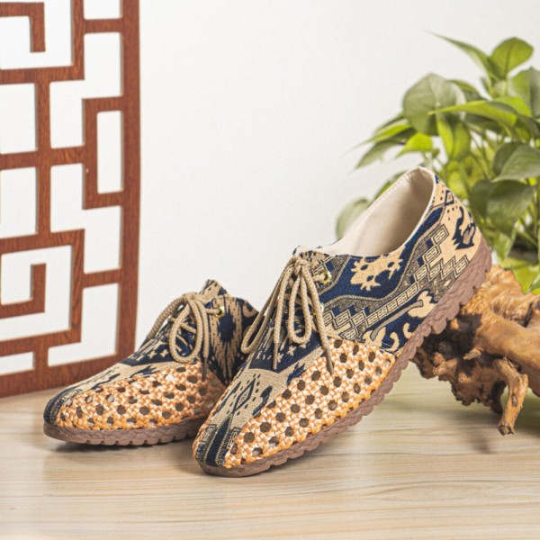 Men Hollow Out Woven Breathable Non Slip Chinese Style Pattern Casual Canvas Shoes 