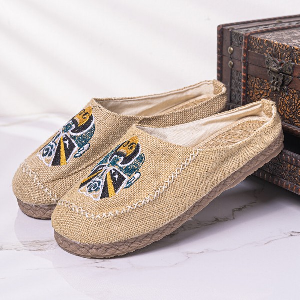 Men Breathable Folkways Pattern Handmade Closed Toe Casual Linen Slippers 