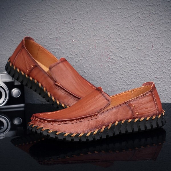 Men Cowhide Leather Hollow Out Breathable Hand Stitching Soft Sole Slip On Casual Shoes 