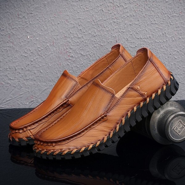 Men Cowhide Leather Hollow Out Breathable Hand Stitching Soft Sole Slip On Casual Shoes 