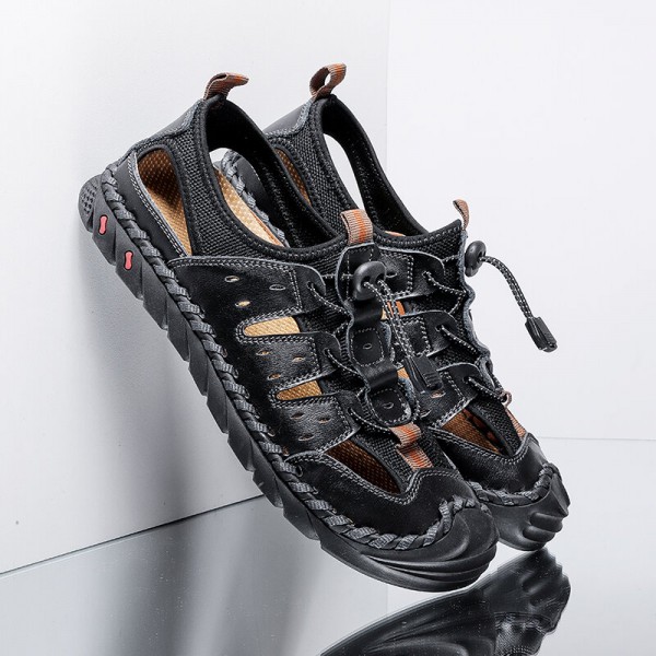 Men Hand Stitching Leather Non Slip Soft Sole Outdoor Sandals 