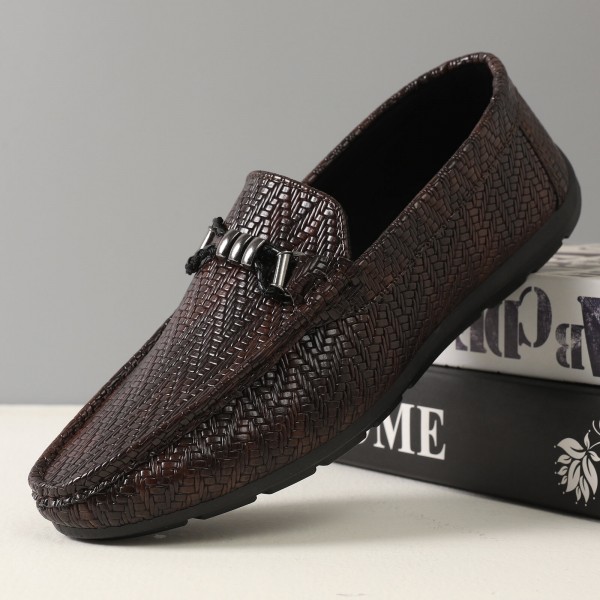 Men's Faux Leather Woven Business Casual Slip-On Soft Sole Loafers Driving Shoes