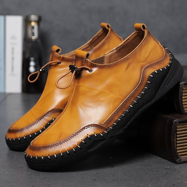 Men Pure Color Hand Stitching Comfy Soft Sole Wide Fit Casual Flat Leather Shoes 