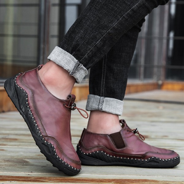 Men Pure Color Hand Stitching Comfy Soft Sole Wide Fit Casual Flat Leather Shoes 