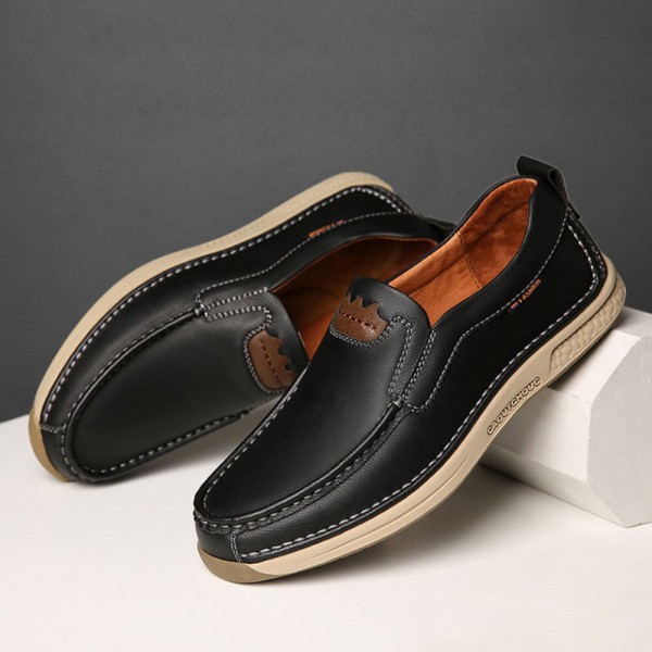 Men Cowhide Leather Breathable Soft Sole Non Slip Comfy Casual Business Shoes 