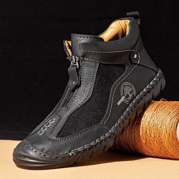 Men Leather Hand Stitching Breathable Soft Sole Brief Comfy Closed Toe Zipper Casual Shoes 