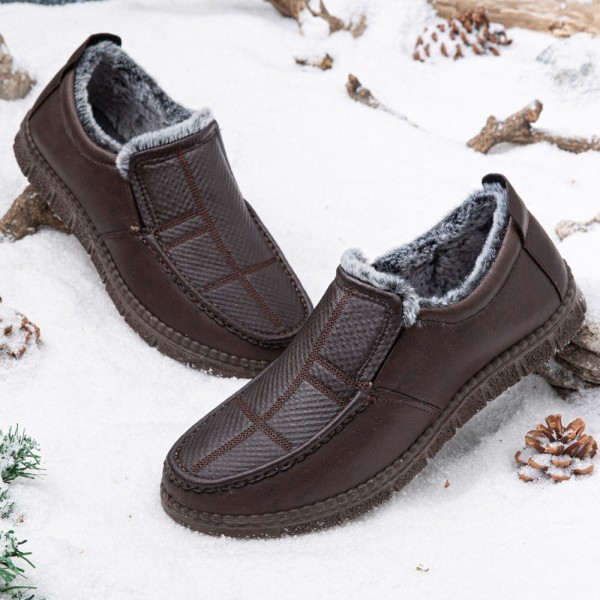 Men Leather Non Slip Warm Lined Soft Sole Solid Comfy Slip On Outdoor Casual Snow Shoes 