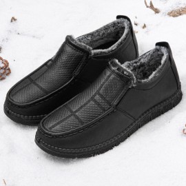 Men Leather Non Slip Warm Lined Soft Sole Solid Comfy Slip On Outdoor Casual Snow Shoes