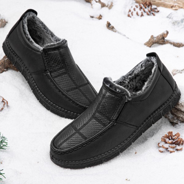 Men Leather Non Slip Warm Lined Soft Sole Solid Comfy Slip On Outdoor Casual Snow Shoes 