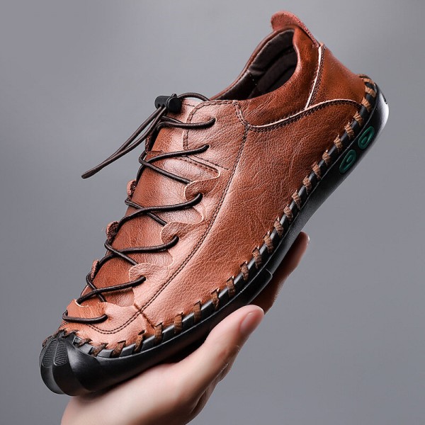 Men Cowhide Hand Stitching Breathable Soft Bottom Elastic Band Casual Business Shoes 