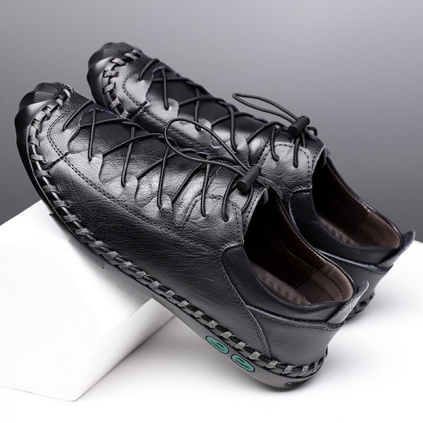 Men Cowhide Hand Stitching Breathable Soft Bottom Elastic Band Casual Business Shoes 