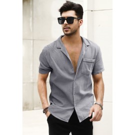 Gray Buttoned Short Sleeve Men's Shirt with Pocket