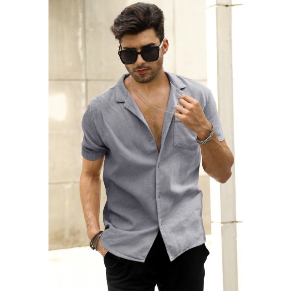 Gray Buttoned Short Sleeve Men's Shirt with Pocket 