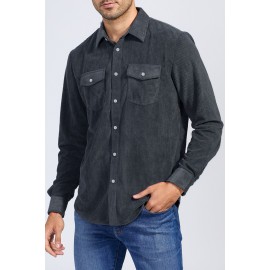 Dark Gray Men Corduroy Flap Pocket Button Front Shirt