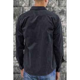 Dark Gray Men Corduroy Flap Pocket Button Front Shirt