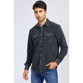 Dark Gray Men Corduroy Flap Pocket Button Front Shirt