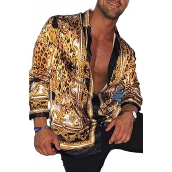 Men's Long Sleeve Casual Leopard Print Shirt 