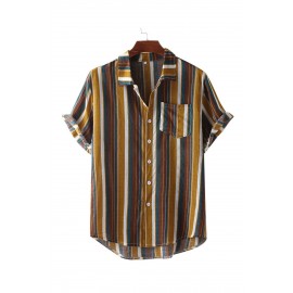 Yellow Striped Print Men Short Sleeve Shirt