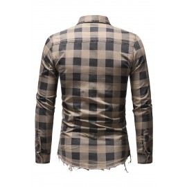 Khaki Men Raw Hem Plaid Pocket Shirt