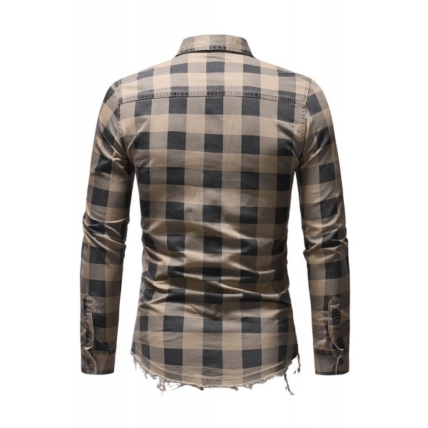 Khaki Men Raw Hem Plaid Pocket Shirt 