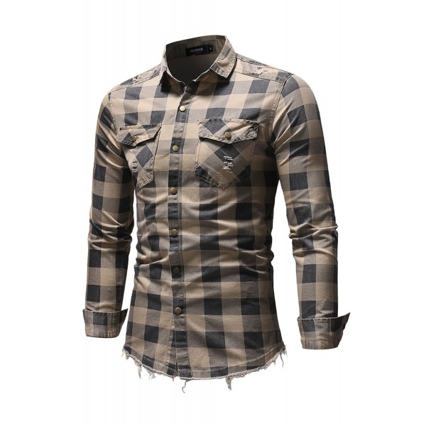 Khaki Men Raw Hem Plaid Pocket Shirt 