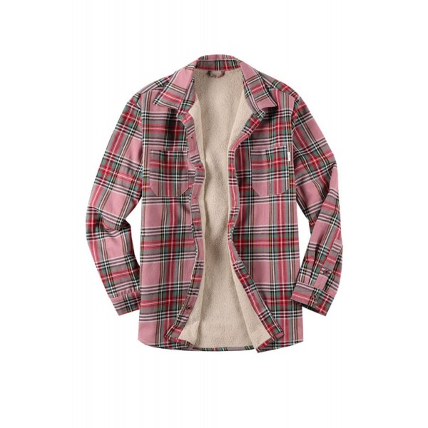 Pink Button-up Fleece lined Men's Plaid Shirt 