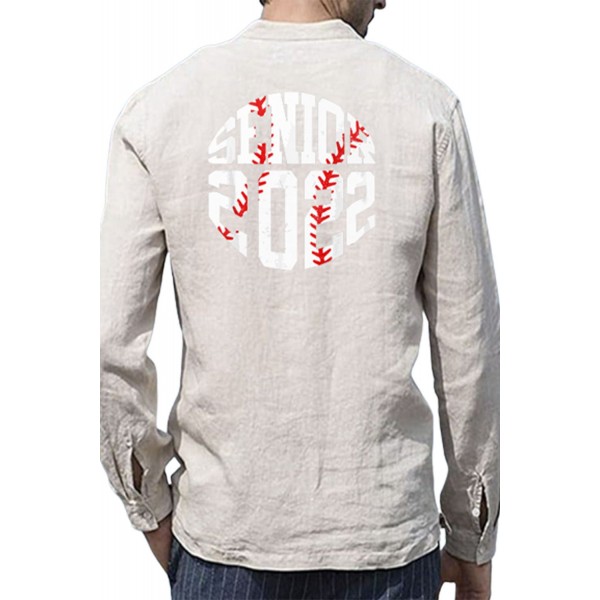 Beige Men's Baseball Letter Graphic Print Buttoned Long Sleeve Shirt 